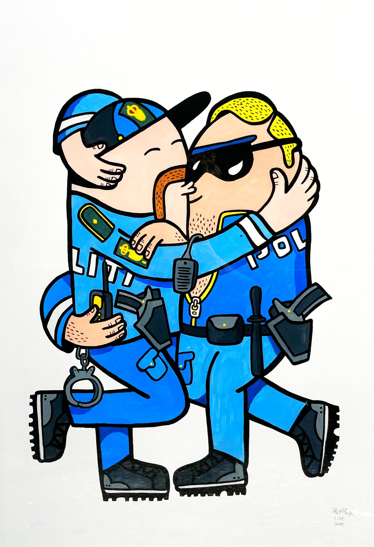Indrammet Kissing Cops - 100x70 cm 👮‍♂️